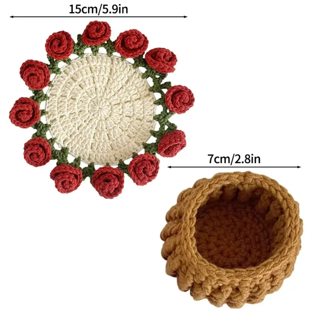 Crochet rose flower coaster set
